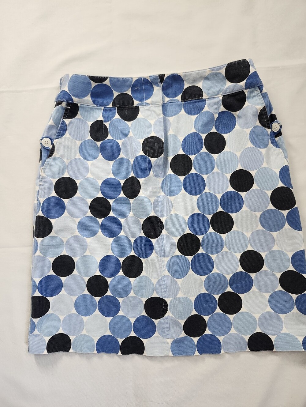 Vtg Talbots Blue / Navy Polka Dot Cotton Mini Pencil Skirt Button Side Pockets 6